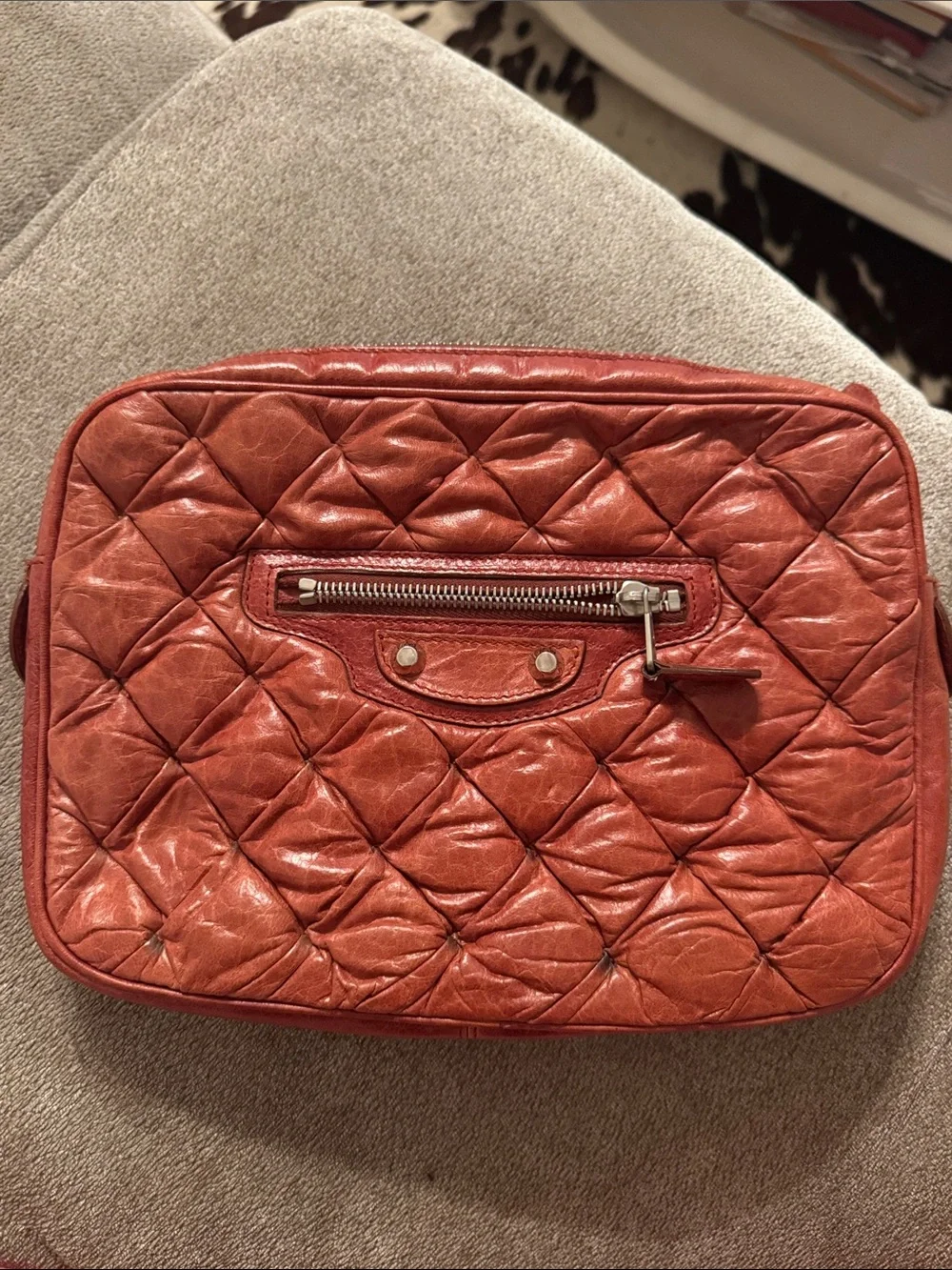 Balenciaga Quilted Coral-Red Leather Clutch
